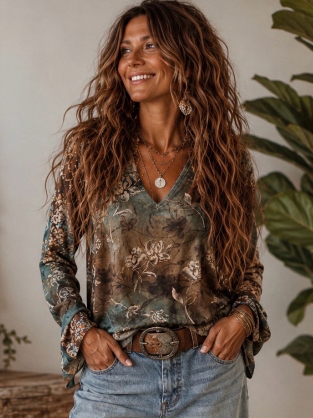 Brittany Black Green and Brown Floral V‑Neck Top